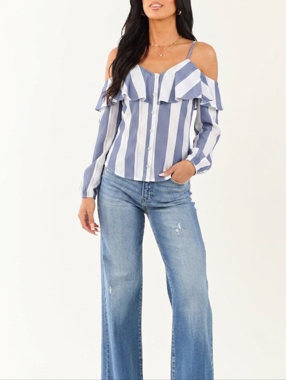 Striped Off-Shoulder Blouse - Blue and White